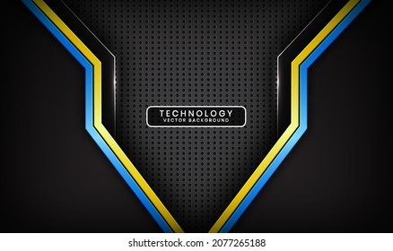 3D black techno abstract background, overlap layers on dark space with blue yellow stripes effect decoration. Modern template element future style for flyer, card, cover, brochure, or landing page