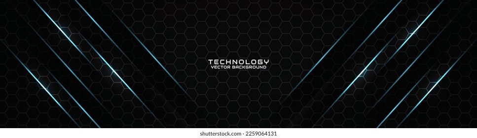 3D black techno abstract background overlap layer on dark space with blue light line effect decoration. Modern graphic design element cutout style concept for banner, flyer, card, or brochure cover