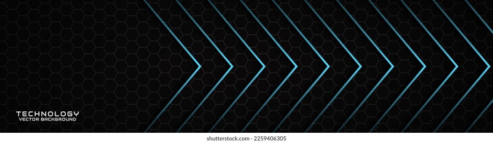 3D black techno abstract background overlap layer on dark space with blue arrow effect decoration. Modern graphic design element cutout style concept for banner, flyer, card, or brochure cover