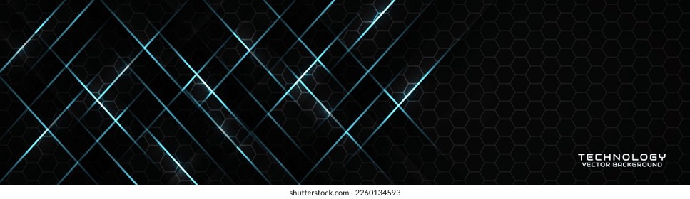 3D black techno abstract background overlap layer on dark space with blue light line effect decoration. Modern graphic design element cutout style concept for banner, flyer, card, or brochure cover