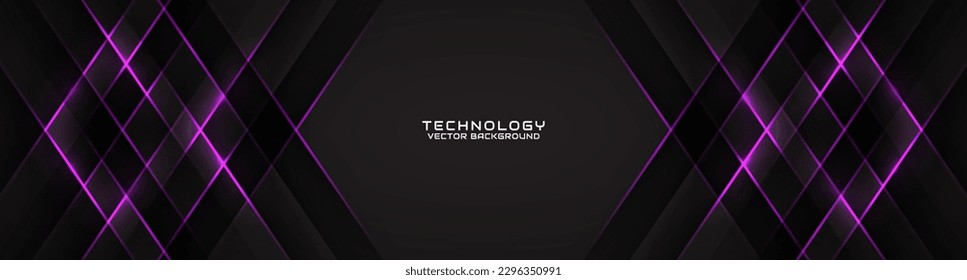 3D black techno abstract background overlap layer on dark space with purple light line effect decoration. Modern graphic design element cutout style concept for banner, flyer, card, or brochure cover