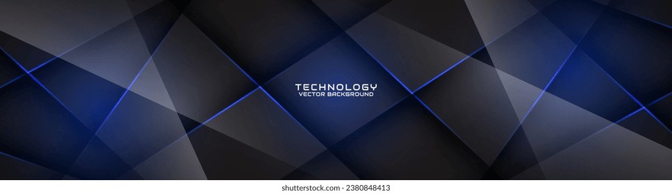 3D black techno abstract background overlap layer on dark space with glowing blue lines effect decoration. Modern graphic design element cutout style concept for banner, flyer, card, or brochure cover