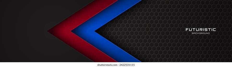3D black techno abstract background overlap layer on dark space with red blue shape effect decoration. Modern graphic design element cutout style concept for web banner, flyer, card, cover or brochure
