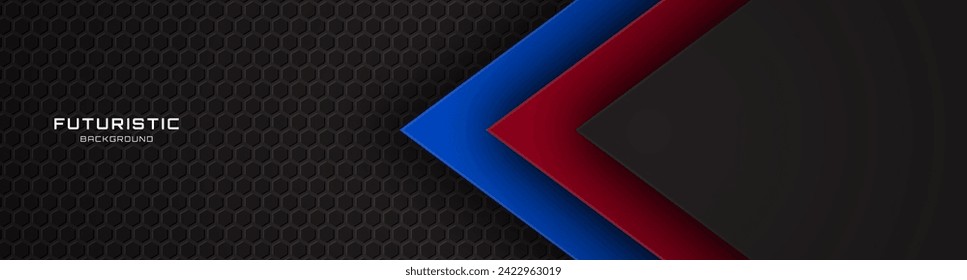 3D black techno abstract background overlap layer on dark space with red blue shape effect decoration. Modern graphic design element cutout style concept for web banner, flyer, card, cover or brochure
