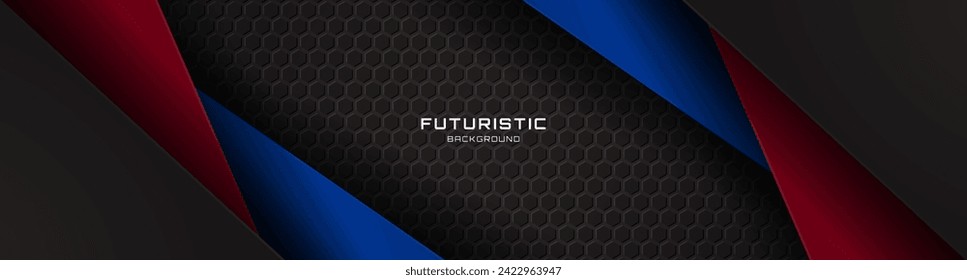3D black techno abstract background overlap layer on dark space with red blue shape effect decoration. Modern graphic design element cutout style concept for web banner, flyer, card, cover or brochure