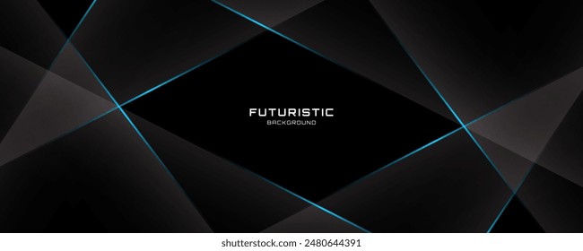 3D black techno abstract background overlap layer on dark space with blue light lines effect decoration. Graphic design element with polygonal cutout style concept for flyer, card, or brochure cover