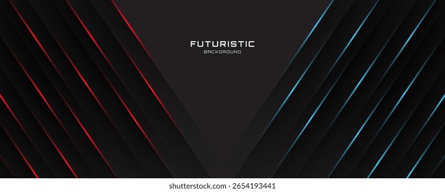 3D black techno abstract background overlap layer on dark space with red blue lights effect decoration. Modern graphic design element cutout lines style concept for web, flyer, card, or brochure cover