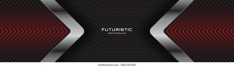 3D black techno abstract background overlap layer on dark space with glowing red stripes effect decoration. Modern graphic design element arrows style concept for web, flyer, card, or brochure cover