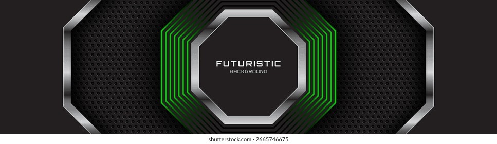 Capa de traslape de fondo abstracto techno negro 3D en el espacio oscuro con decoración de efecto de rayas verdes. Concepto moderno del estilo de los octógonos del elemento de Diseño gráfico para el Web, el arte, el volante, la tarjeta, o la cubierta del folleto