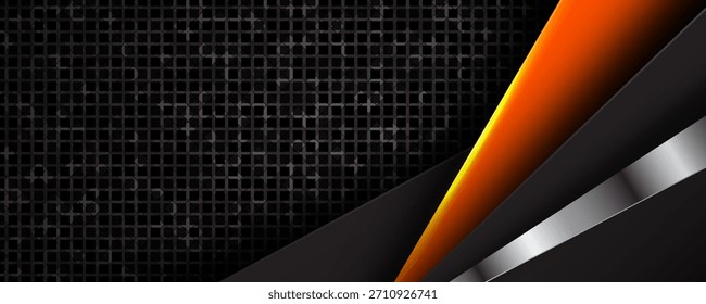 Capa de traslape de fondo abstracto techno negro 3D en el espacio oscuro con decoración de efecto de luces naranjas brillantes. Concepto moderno del estilo del recorte del elemento del Diseño gráfico para el Web, el volante, la tarjeta, o la cubierta del folleto