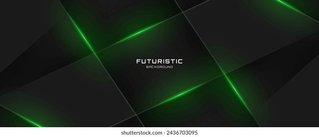 3D black techno background overlap layer on dark space with green light lines effect decoration. Modern graphic design element cutout style concept for web banner, flyer, card, cover or brochure