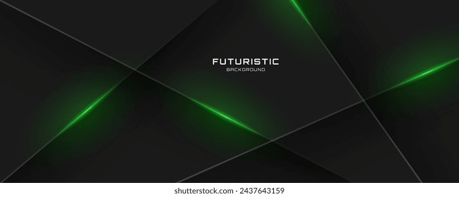 3D black techno background overlap layer on dark space with green light lines effect decoration. Modern graphic design element cutout style concept for web banner, flyer, card, cover or brochure