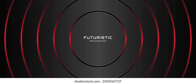 3D black techno background overlap layer on dark space with red light lines effect decoration. Graphic design element power style. Circles shape concept for web banner, flyer, card, cover, or brochure