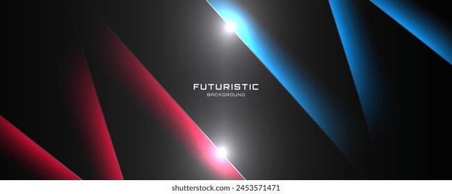 Fondo tecno negro 3D superpone la capa en el espacio oscuro con líneas de luz azul roja efecto decoración. Estilo de alimentación del elemento de Diseño gráfico. Concepto de forma de polígono para Web, volante, tarjeta, cubierta o folleto