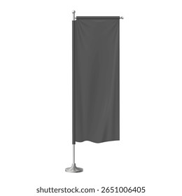3d preto, têxtil, banner de publicidade em um suporte. Montagem de bandeira vazia com dobras. Modelo vertical retangular. Destaque para promoção de produtos, branding e demonstração. Ilustração vetorial. Realismo.
