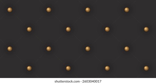 3D black upholstery leather texture with gold buttons seamless background graphic illustration.