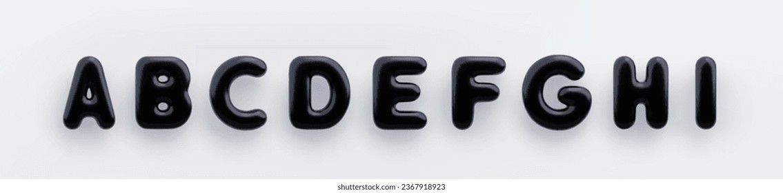 Las letras mayúsculas en negro 3D A, B, C, D, E, F, G, H y I son una superficie brillante sobre un fondo blanco.