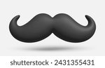 3d black vintage cartoon mustache. Plastic styled mustache logo template. isolated on white background. Realistic vector illustration for card, party, design, flyer, web, advertising