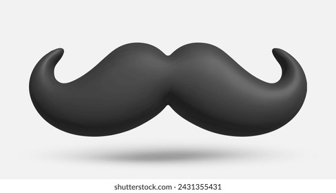 3d black vintage cartoon mustache. Plastic styled mustache logo template. isolated on white background. Realistic vector illustration for card, party, design, flyer, web, advertising