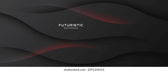 3D black waves abstract background overlap layer on dark space with red light effect decoration. Modern graphic design element cutout style concept for web banner, art, flyer, card, or brochure cover