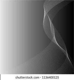 3D black and white abstract vector  background with waves built from dots.