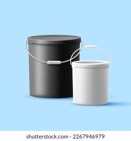 3D black and white bucket with a handle, with and without a lid. Composition for advertising and packaging of food, industrial, and textile materials. Illustration on a light blue background.