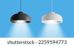 3D Black and white ceiling hanging lamp, lampshade for the interior. Modern lamps with a bright beam of light on a blue background. For use in realistic concepts.