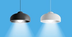 3D Black And White Ceiling Hanging Lamp, Lampshade For The Interior. Modern Lamps With A Bright Beam Of Light On A Blue Background. For Use In Realistic Concepts.