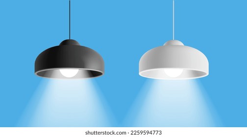 3D Black and white ceiling hanging lamp, lampshade for the interior. Modern lamps with a bright beam of light on a blue background. For use in realistic concepts.