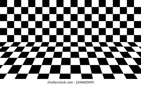 A 3D black and white chess pattern background with dimensional geometric squares, editable vector EPS 10.