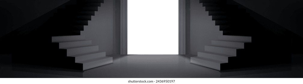 3d black and white concrete stairway podium view. Staircase concept background perspective mockup. Minimal studio interior with realistic ladder showcase. Abstract panorama illustration and gate light