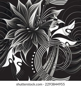 3d Black and white floral hand drawn seamless pattern background illustration with line art flowers, leaves, spiral lines, shapes, dots, shades and shadows. Blossom drawn flowers, leaves. Ornaments.