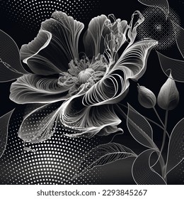 3d Black and white floral hand drawn seamless pattern background illustration with line art flowers, leaves, buds, shades and shadows. Blossom flowers, leaves, branches. Halftone geometric shapes.