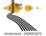 3D black and white lines in perspective with yellow elements abstract vector background, linear perspective illustration op art, road to horizon.