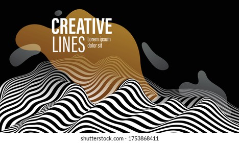 3D black and white lines in perspective with yellow fluid liquid paint splat abstract vector background, linear perspective terrain pattern op art.