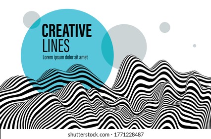 3D black and white lines in perspective with blue circle splat abstract vector background, linear perspective terrain pattern op art.