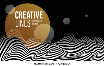 3D black and white lines in perspective with yellow circle splat abstract vector background, linear perspective terrain pattern op art.