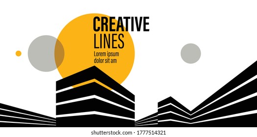 3D black and white lines in perspective with yellow elements abstract vector background, linear perspective illustration op art, buildings construction.