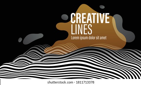 3D black and white lines in perspective with yellow fluid liquid paint splat abstract vector background, linear perspective terrain pattern op art.