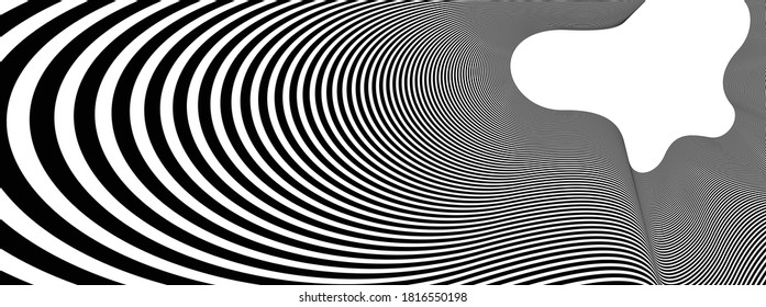 3D black and white lines in perspective abstract vector background, linear perspective pattern op art, blank copy space for text.