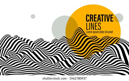 3D black and white lines in perspective with yellow circle splat abstract vector background, linear perspective terrain pattern op art.