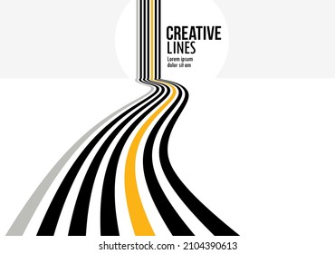 3D black and white lines in perspective with yellow elements abstract vector background, linear perspective illustration op art, road to horizon.