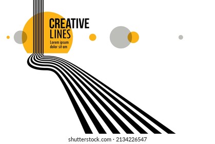 3D black and white lines in perspective with yellow elements abstract vector background, linear perspective illustration op art, road to horizon.