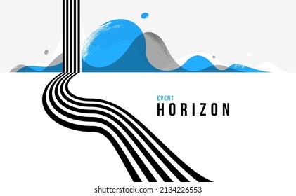 3D black and white lines in perspective with blue elements abstract vector background, linear perspective illustration op art, road to horizon.