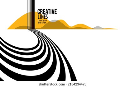 3D black and white lines in perspective with yellow elements abstract vector background, linear perspective illustration op art, road to horizon.