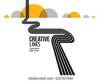 3D black and white lines in perspective with yellow elements abstract vector background, linear perspective illustration op art, road to horizon.