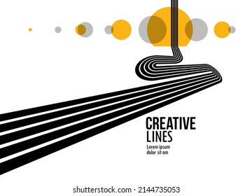 3D black and white lines in perspective with yellow elements abstract vector background, linear perspective illustration op art, road to horizon.