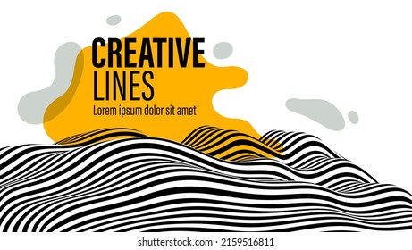 3D black and white lines in perspective with yellow fluid liquid paint splat abstract vector background, linear perspective terrain pattern op art.