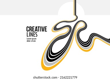 3D black and white lines in perspective with yellow elements abstract vector background, linear perspective illustration op art, road to horizon.