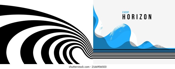 3D black and white lines in perspective with blue elements abstract vector background, linear perspective illustration op art, road to horizon.